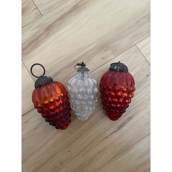 Antique VTG Kugel Clear Red Set Glass Christmas Ornament Grape Cluster Brass - Picture 1 of 12